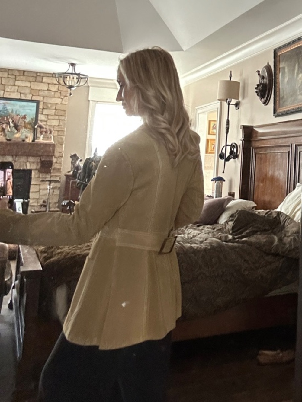 Suede Long Coat - Tan Women's Jacket - Picture 7 of 8